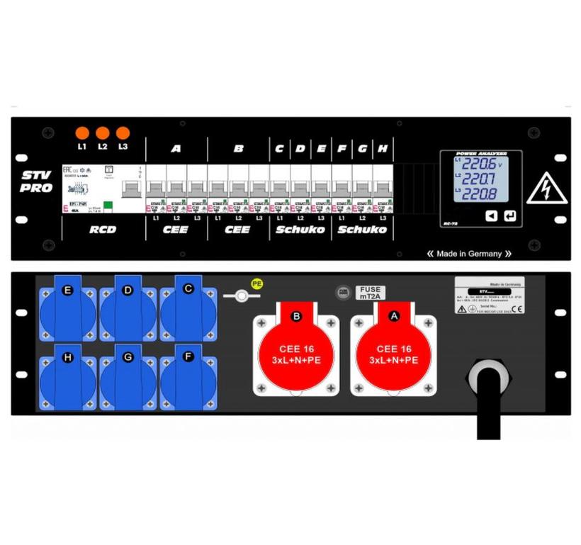 Ultralite Stromvert. STV 32A, 19" Gehäuse 3HE, schwarz IN :Stecker CEE32 400V, 5p. 6h mit ca. 2m Gummikabel H07RN-F