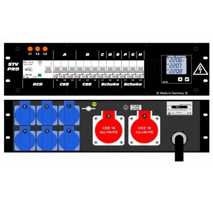 Ultralite Stromvert. STV 32A, 19" Gehäuse 3HE, schwarz IN :Stecker CEE32 400V, 5p. 6h mit ca. 2m Gummikabel H07RN-F