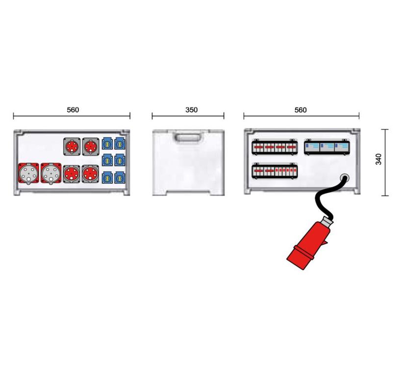 Merz Steckdosenverteiler Event TYP: SVE4 125/222-6 Steckdosenvert. Kunstst. 87kVA IP44, stappelbar, Tragegriffe