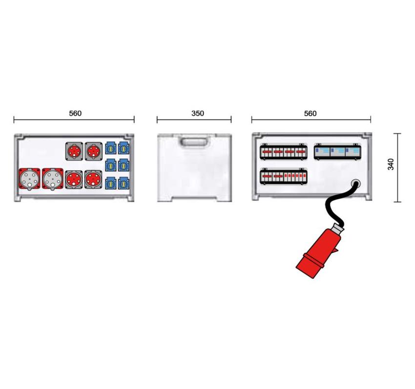Merz Steckdosenverteiler Event TYP: SVE4 125/222-6 Steckdosenvert. Kunstst. 87kVA IP44, stappelbar, Tragegriffe