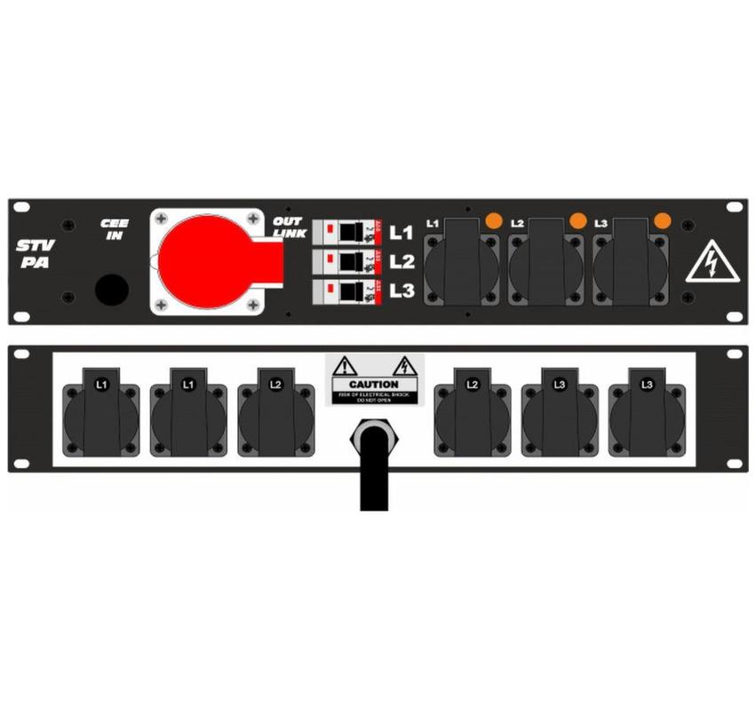 Ultralite Stromvert. STVPA 16A, IN: CEE16 Kabel 2m/rücks. OUT: 1 CEE16, 6 Schuko rücks., 3 Schuko vorne, 3 LS C16
