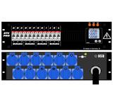 Ultralite Stromvert. STV 63A, 19" Gehäuse 3HE, schwarz IN: CEE32 400V, 5p. 6h m.2m Gummikabel OUT: 2x Anbaudosen