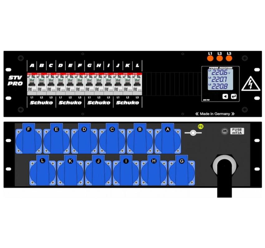 Ultralite Stromvert. STV 63A, 19" Gehäuse 3HE, schwarz IN: CEE32 400V, 5p. 6h m.2m Gummikabel OUT: 2x Anbaudosen
