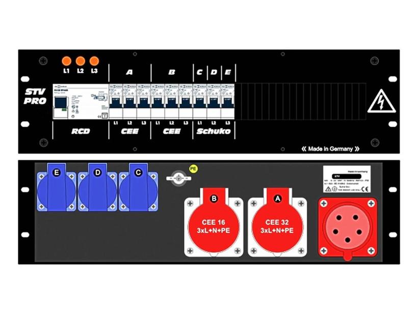 Ultralite Stromvert. STV 32A, FI, 19" Gehäuse 3HE, schwarz IN: CEE32 Anbaust./rücks.