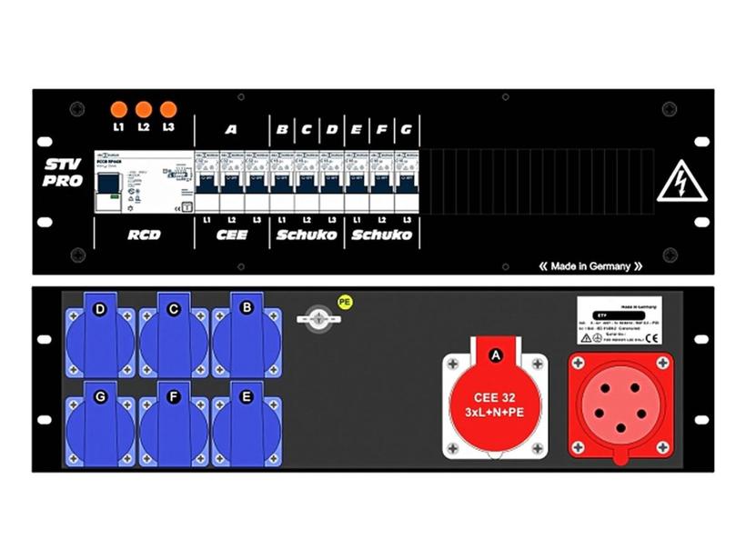 Ultralite Stromvert. STV 32A, FI, 19" Gehäuse 3HE, schwarz IN: CEE32 Anbaust./rücks.