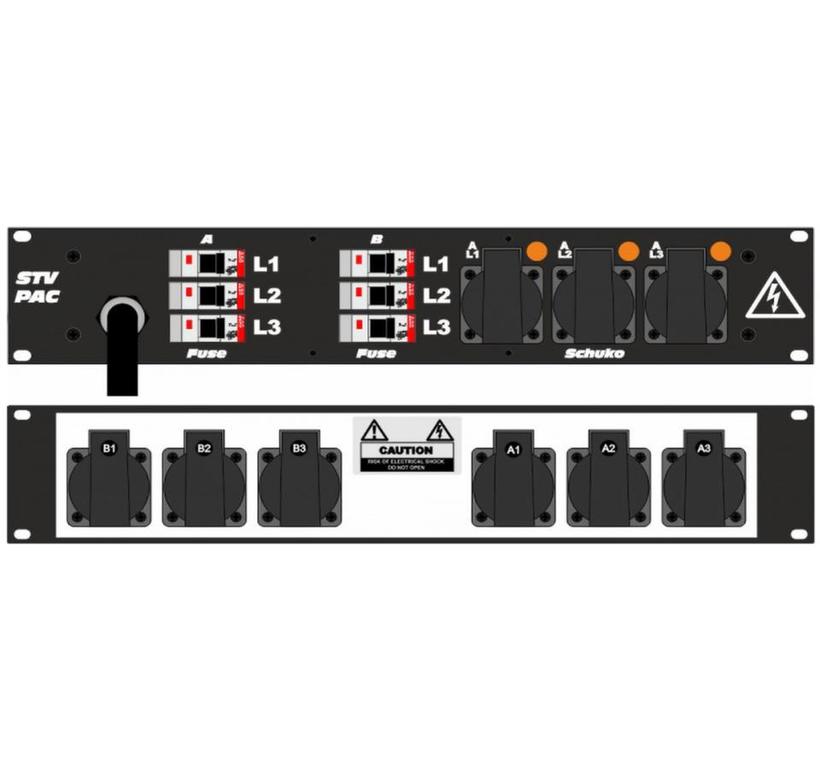 Ultralite Stromvert. STVPAC 16A, IN: CEE16 Kabel 2m/vorne OUT: 6 Schuko rücks., 3 Schuko vorne, 6 LS C16