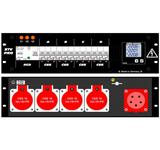 Ultralite Stromvert. STV 32A, 19" Gehäuse 3HE, schwarz IN: Anbaustecker CEE32 400V, 5p. 6h, OUT: 4x Anbaudosen CEE