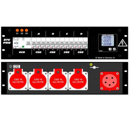 Ultralite Stromvert. STV 32A, 19" Gehäuse 3HE, schwarz IN: Anbaustecker CEE32 400V, 5p. 6h, OUT: 4x Anbaudosen CEE