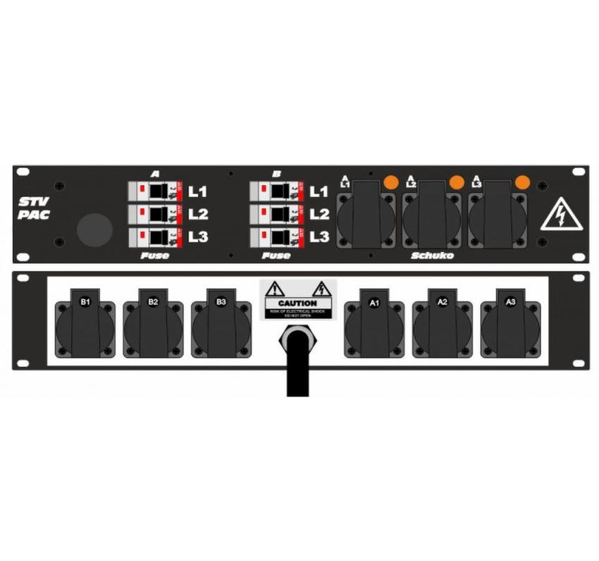 Ultralite Stromvert. STVPAC 16A, IN: CEE16 Kabel 2m/rücks. OUT: 6 Schuko rücks., 3 Schuko vorne, 6 LS C16