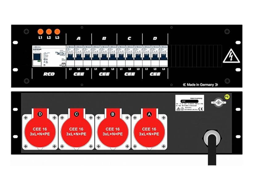 Ultralite Stromvert. STV 32A, FI, 19" Gehäuse 2HE, schwarz OUT: 4 CEE16 rücks., 12 LS C16,  IN: CEE32 Kabel 2m/rücks.