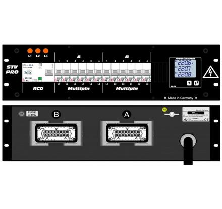 Ultralite Stromvert. STV 32A, 19" Gehäuse 3HE, schwarz IN: Stecker CEE32 400V, 5p. 6h, OUT: 2x Multipin HAN-E 16p.