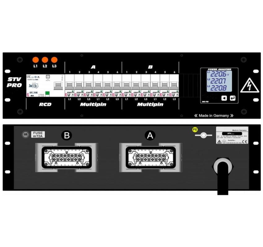 Ultralite Stromvert. STV 32A, 19" Gehäuse 3HE, schwarz IN: Stecker CEE32 400V, 5p. 6h, OUT: 2x Multipin HAN-E 16p.
