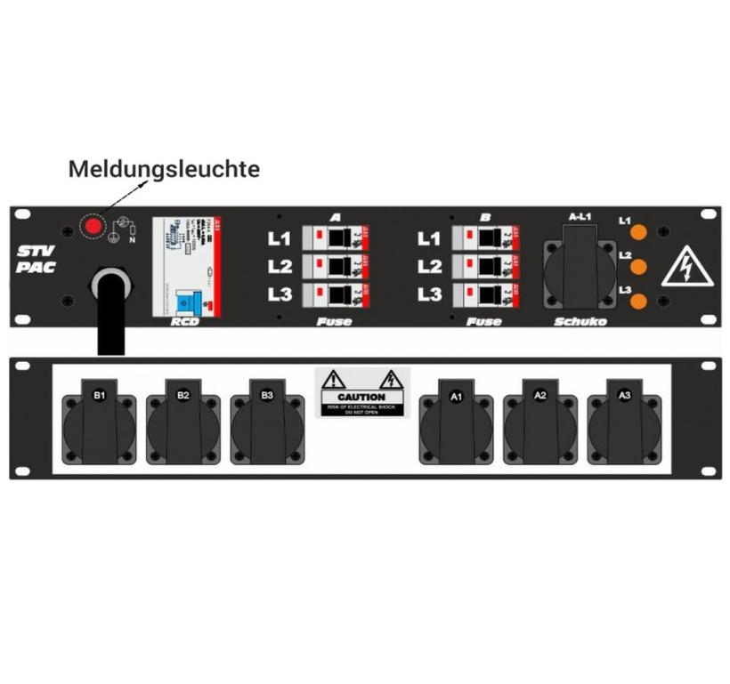 Ultralite Stromvert. STVPAC 16A, FI, IN: CEE16 Ka. 2m/vorne, OUT: 6 Schuko rücks., 1 Schuko vorne, 6 LS C16, FI 40/0.03
