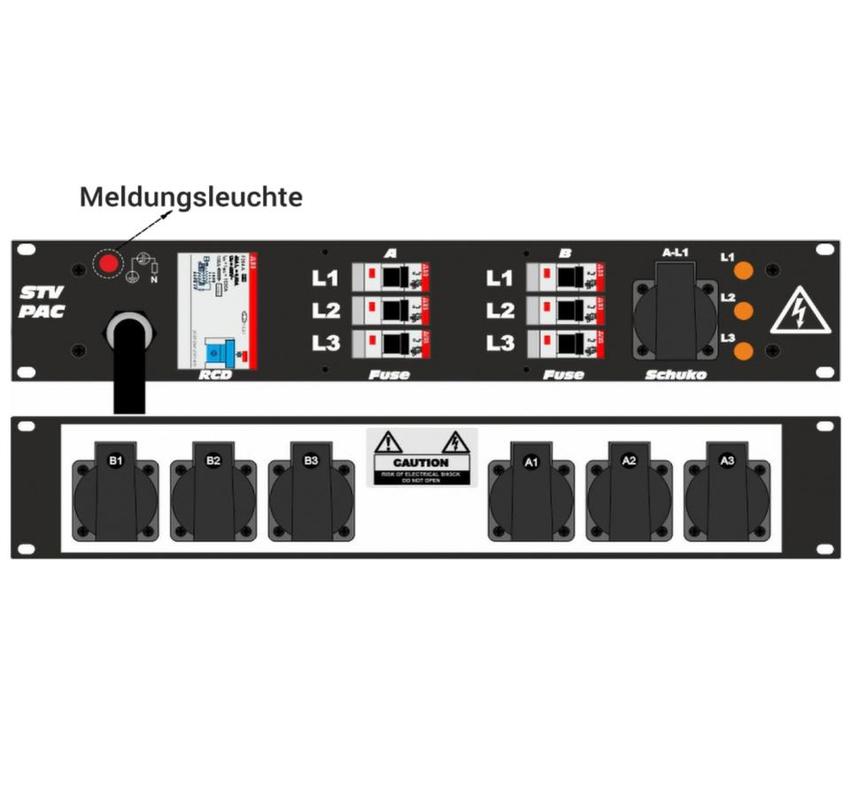 Ultralite Stromvert. STVPAC 16A, FI, IN: CEE16 Ka. 2m/vorne, OUT: 6 Schuko rücks., 1 Schuko vorne, 6 LS C16, FI 40/0.03