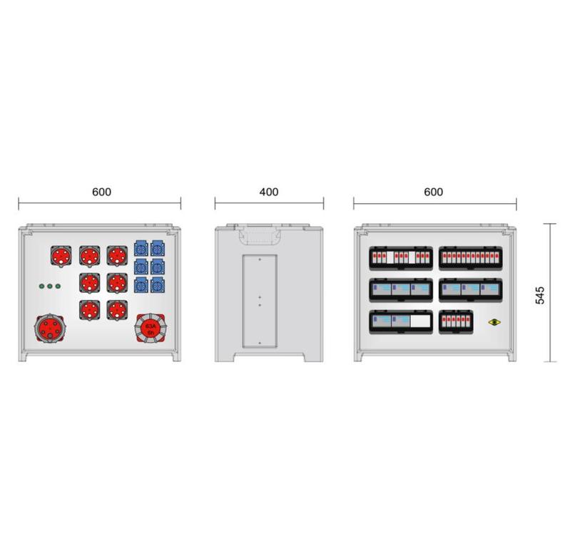 Merz Steckdosenverteiler Event TYP: SVE5-3 63/52-6/G/E Steckdosenvert. Kunstst.44kVA IP44, stappelbar, Tragegriffe