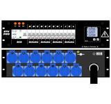 Ultralite Stromvert. STV 63A, 19" Gehäuse 3HE, schwarz IN: CEE32 400V, 5p. 6h m.2m Gummikabel OUT:12x Schuko mit