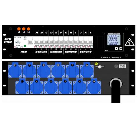 Ultralite Stromvert. STV 63A, 19" Gehäuse 3HE, schwarz IN: CEE32 400V, 5p. 6h m.2m Gummikabel OUT:12x Schuko mit
