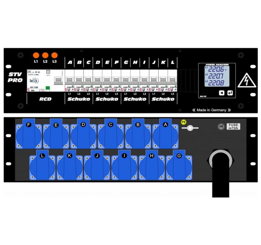 Ultralite Stromvert. STV 63A, 19" Gehäuse 3HE, schwarz IN: CEE32 400V, 5p. 6h m.2m Gummikabel OUT:12x Schuko mit