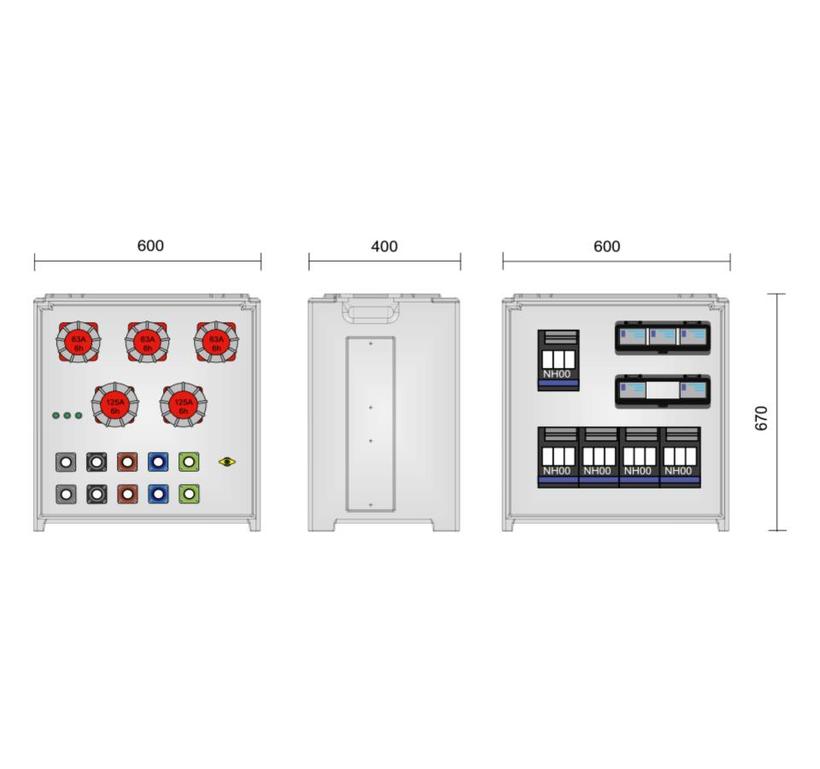 Merz Steckdosenverteiler Event: SVE5-4 400/0032-0/32NH/G/E Steckdosenvert. Kunstst.277kVA IP44, stappelbar, Tragegriffe