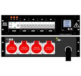 Ultralite Stromvert. STV 63A, 19" Gehäuse 3HE, schwarz IN: CEE32 400V, 5p. 6h m1.5m Gummikabel OUT:4x Anbaudosen