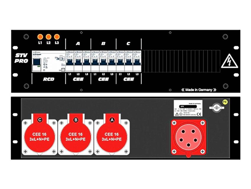 Ultralite Stromvert. STV 32A, FI, IN: CEE32 Anbaust./rücks. OUT: 3 CEE16 rücks., 9 LS C16