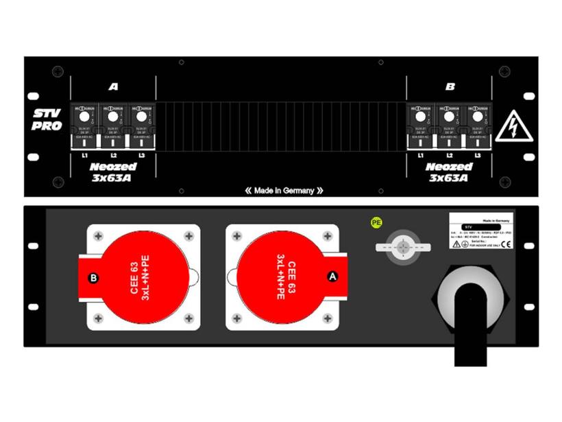 Ultralite Stromvert. STV125A, IN: CEE125 Ka. 1.5m/rücks. OUT: 2 CEE63, 2 3pol. Neozed Keramik 3p Trenner 63A, ohne FI