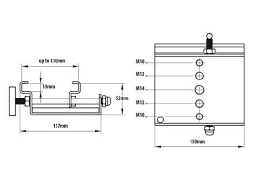 Ultralite Zeltklemme - Tent Clamp, silbergrau, max. 150kg, zur Gerätebefestigung: Gewinde 1x M14, 2x M12, 2xM10