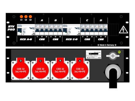 Ultralite Stromvert. STV125A, FI, IN: CEE125 Ka. 1.5m/rücks. OUT: 4x Anbaudosen CEE32 400V