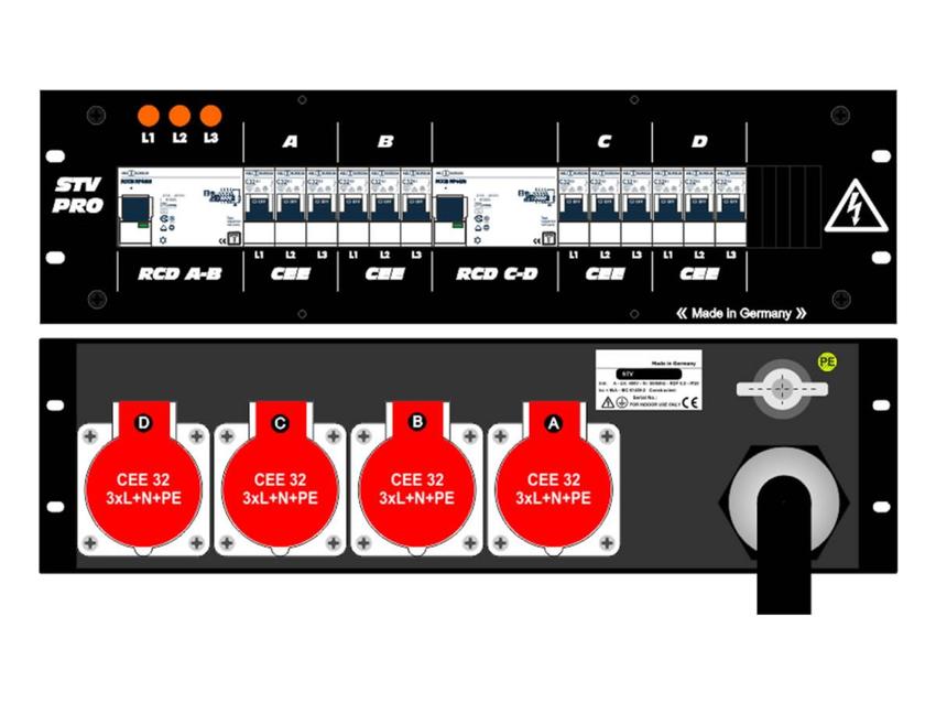 Ultralite Stromvert. STV125A, FI, IN: CEE125 Ka. 1.5m/rücks. OUT: 4 CEE32 rücks., 12 LS C32, 2 RCD 63/0.03 4p