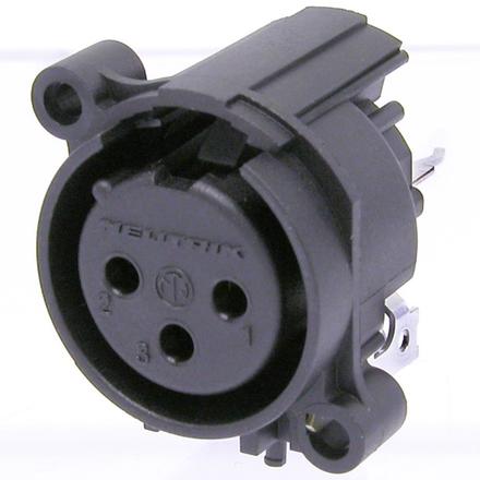 Neutrik 3pol-XLR Chassisbu., Erdung: Gehäuse des Gegenst. mit Pin 1 & Front Panel, vertikale Leiterplattenmontage