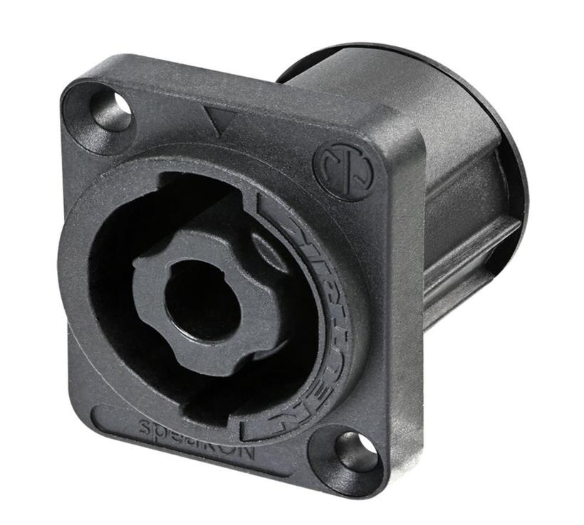 Speakon 4pol Einbaust., schwarzer D-Form Flansch, STANDARD Artikel für Senkkopfschrauben