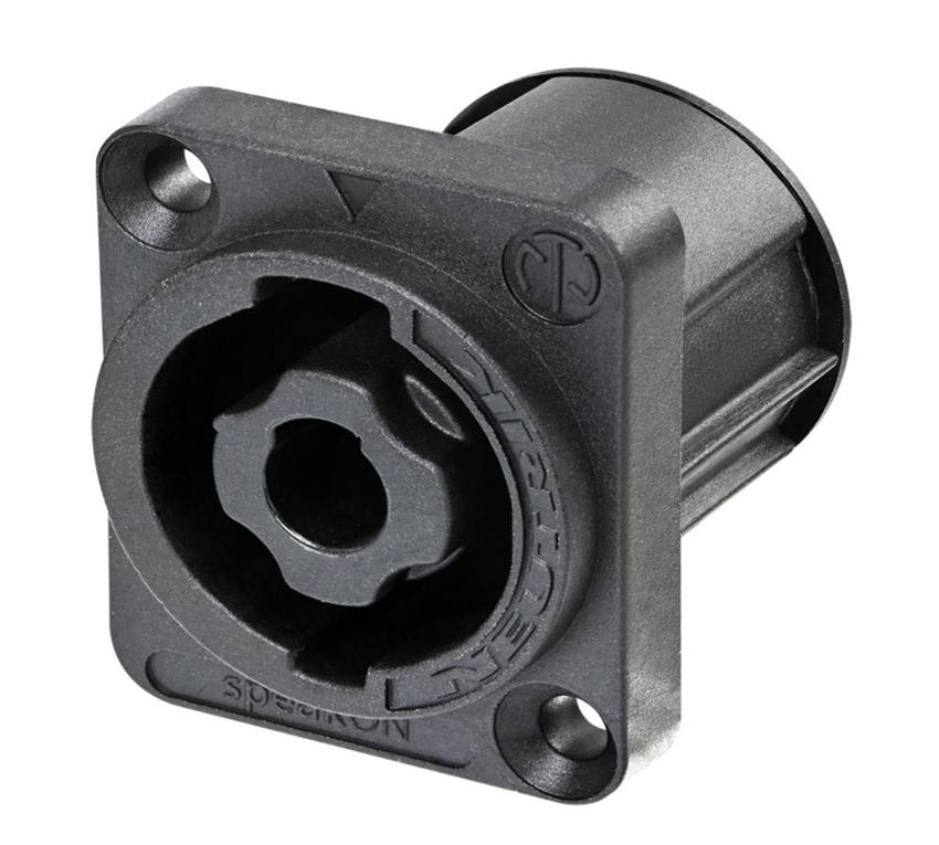 Speakon 4pol Einbaust., schwarzer D-Form Flansch, STANDARD Artikel für Senkkopfschrauben