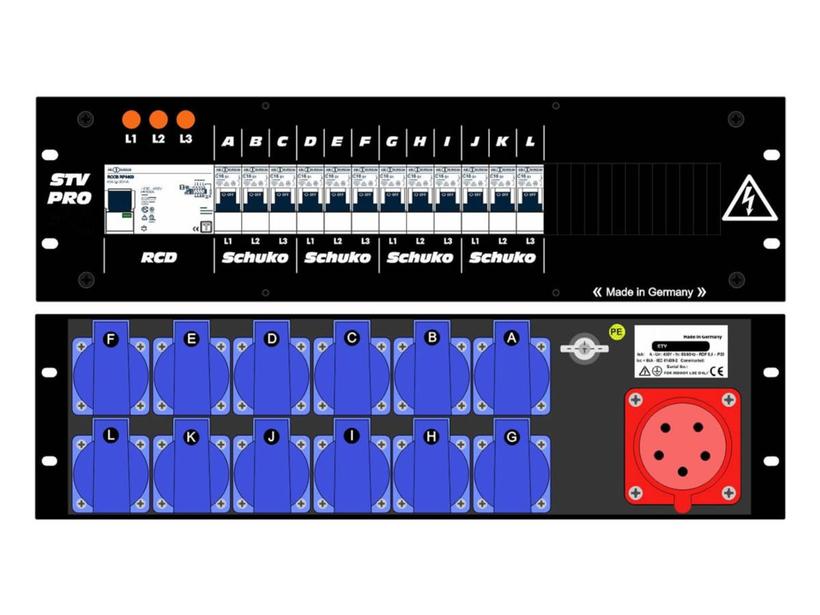 Ultralite Stromvert. STV 32A, FI, IN: CEE32 Anbaust./rücks. OUT: 12 Schuko rückseitig, 12 LS C16