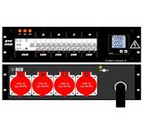 Ultralite Stromvert. STV 63A, 19" Gehäuse 3HE, schwarz IN: CEE32 400V, 5p. 6h m1.5m Gummikabel OUT:4x Anbaudosen