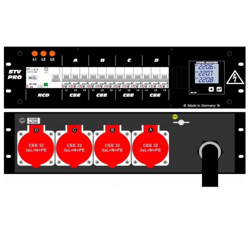 Ultralite Stromvert. STV 63A, 19" Gehäuse 3HE, schwarz IN: CEE32 400V, 5p. 6h m1.5m Gummikabel OUT:4x Anbaudosen
