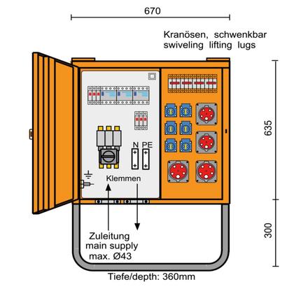 Merz Verteilerschrank  TYP: VEV 63/22-6/V2/X 44kVA Verteilerschrank, Hauptschalter & Untergestell,  IP44