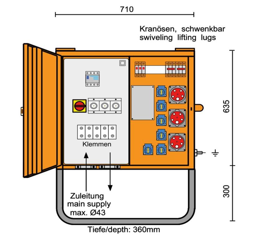 Merz Verteilerschrank  TYP: VEV 35/21-6/V1/X 22kVA Verteilerschrank, Hauptschalter & Untergestell,  IP44