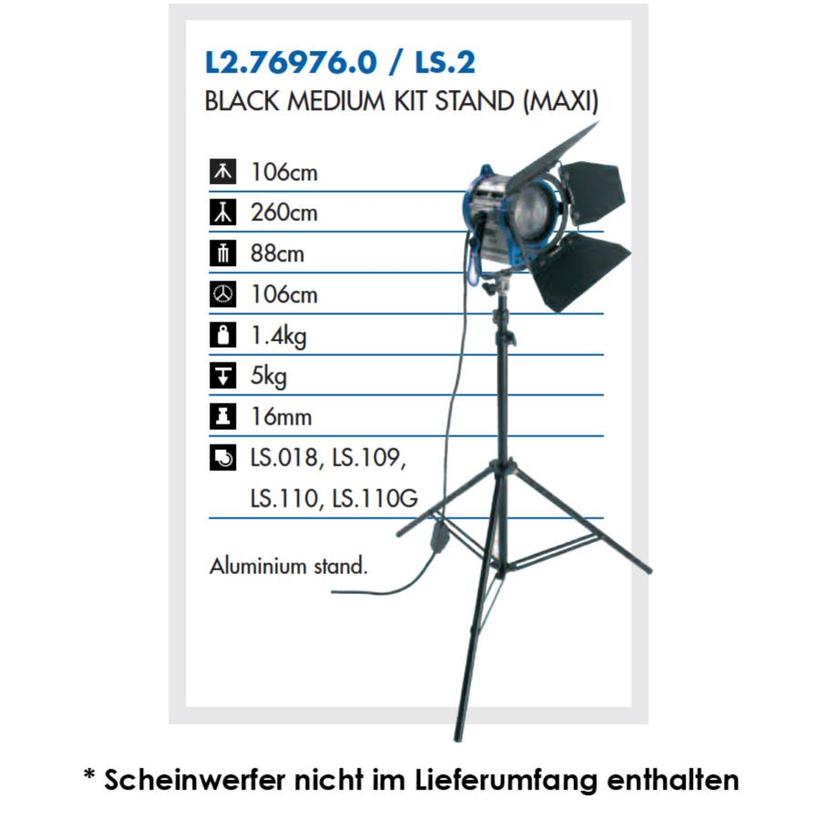 ARRI Beleuchtungsstativ medium (Alu, schwarz), 050A LS.2 2 Auszüge, Höhe 110-260cm, geschlossen 88cm, Zapfen 16mm,