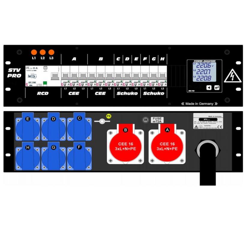 Ultralite Stromvert. STV 63A, 19" Gehäuse 3HE, schwarz IN: CEE63 400V, 5p. 6h m1.5m Gummikabel OUT:2x Anbaudosen
