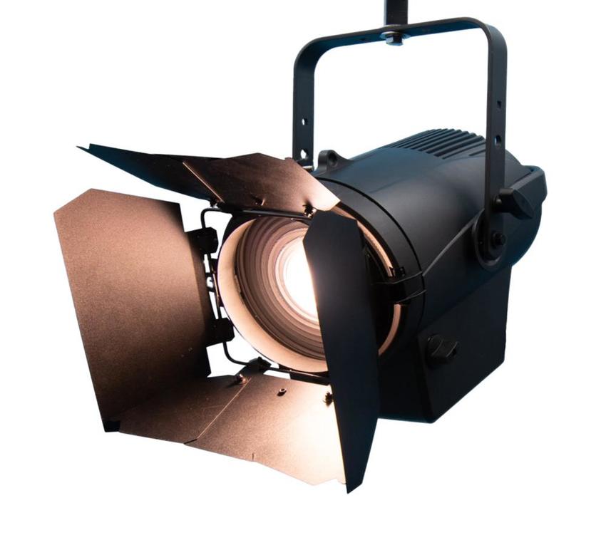 STUFENLINSENSCHEINWERFER, Full Color Light Engine, 300W LED Fresnel, Vollfarbversion, schwarzes Gehäuse