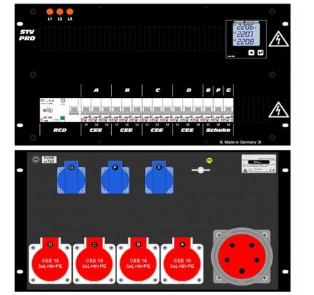 Ultralite Stromvert. STV 63A, 19" Gehäuse 6HE, schwarz IN: CEE63 400V, 5p. 6h m1.5m Gummikabel OUT:4x Anbaudosen