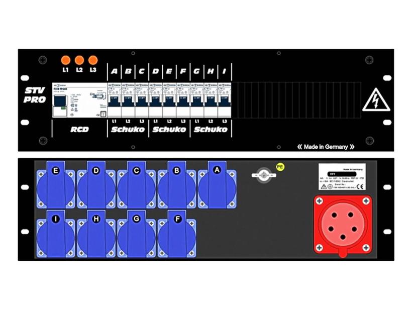 Ultralite Stromvert. STV 32A, FI, IN: CEE32 Anbaust./rücks. OUT: 9 Schuko rückseitig, 9 LS C16