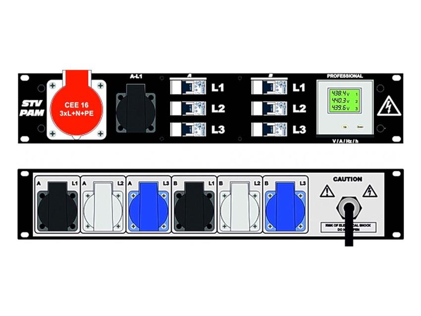 Ultralite Stromvert. STVPAM 16A, IN: CEE16 Kabel 2m/rücks. OUT: 1 CEE16, 1 Schuko vorne, 6 Schuko rücks., 6 LS C16