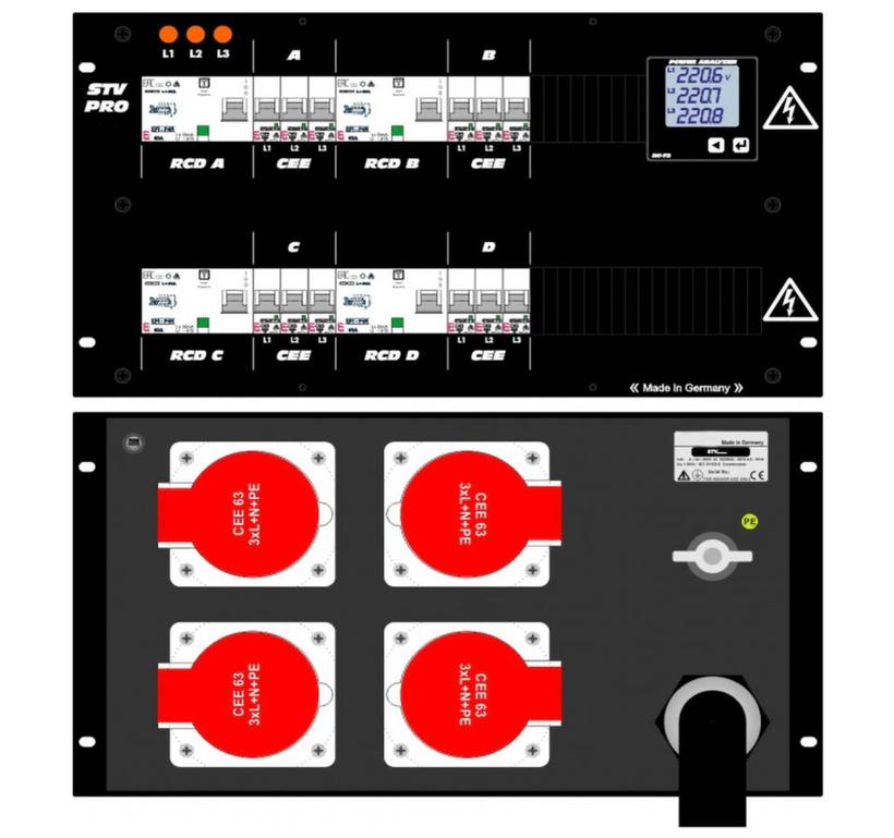 Ultralite Stromvert. STV 125A, 19" Gehäuse 6HE, schwarz IN :CEE125A 400V, 5p. 6h Stecker mit ca. 1,5m Kabel