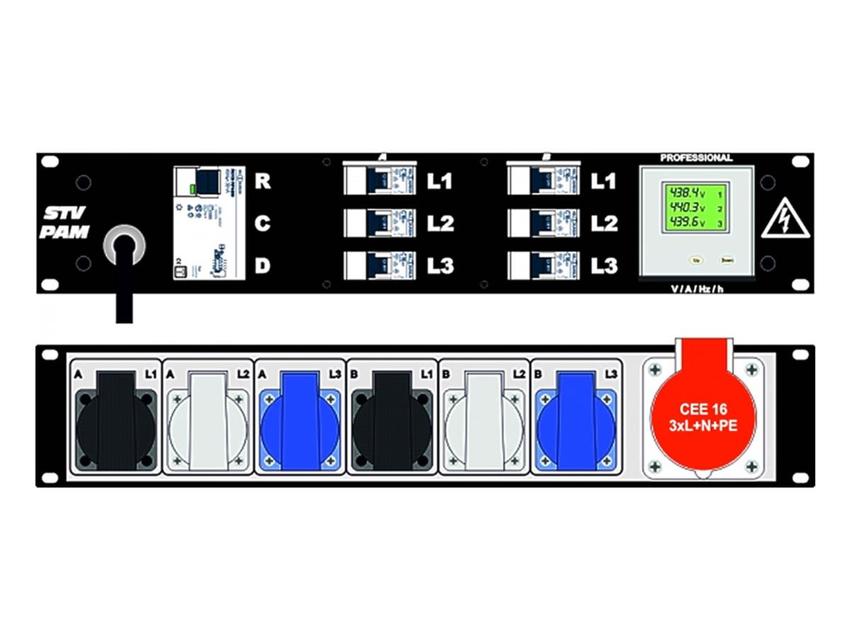 Ultralite Stromvert. STVPAM 16A, FI, IN: CEE16 Ka. 2m/vorne OUT: 1 CEE16, 6 Schuko rücks., 6 LS C16, FI 0.03A