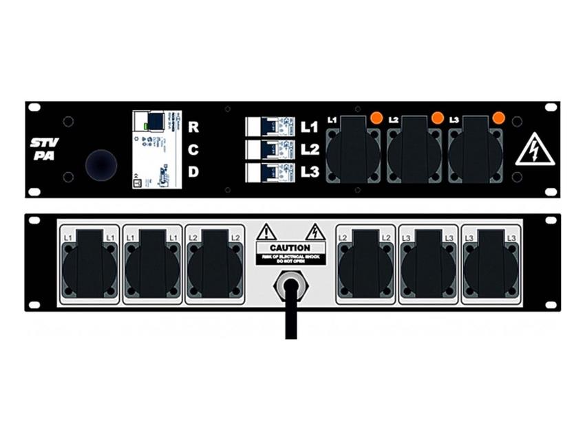 Ultralite Stromvert. STVPA 16A, FI, IN: CEE16 Ka. 2m/rücks. OUT: 6 Schuko rücks., 3 Schuko vorne, 3 LS C16