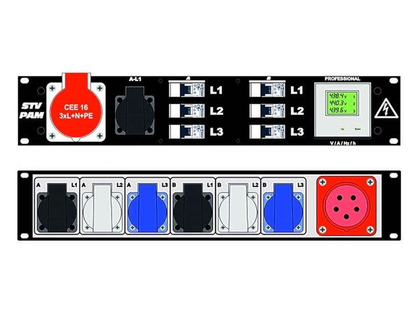 Ultralite Stromvert. STVPAM 16A, IN: CEE16 Anbaust./rücks. OUT: 1 CEE16, 1 Schuko vorne, 6 Schuko rücks., 6 LS C16