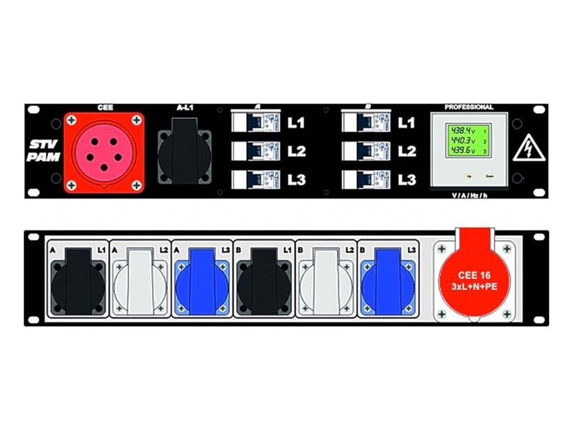 Ultralite Stromvert. STVPAM 16A, IN: CEE16 Anbaust./vorne OUT: 1 CEE16, 6 Schuko rücks., 1 Schuko vorne, 6 LS C16