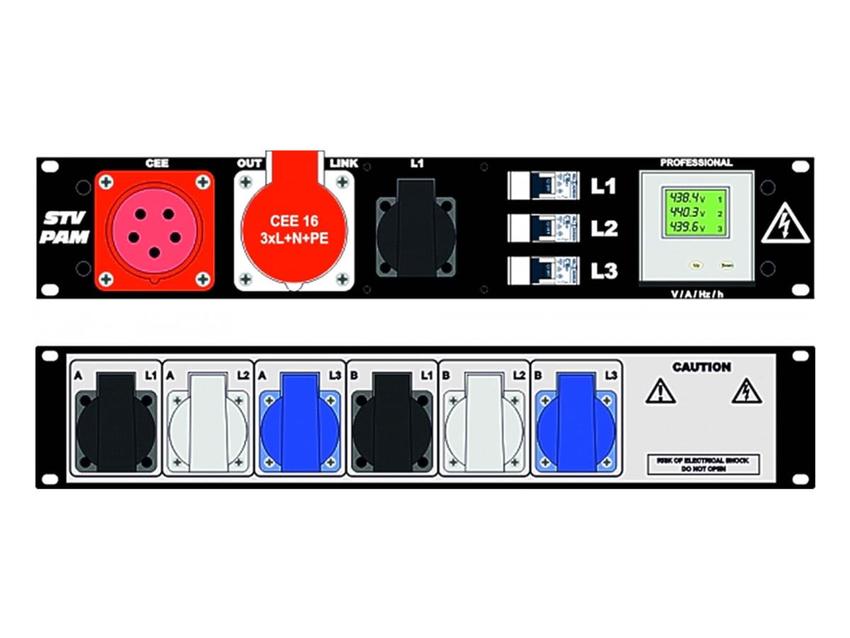 Ultralite Stromvert. STVPAM 16A, IN: CEE16 Anbaust./vorne OUT: 1 CEE16, 1 Schuko vorne, 6 Schuko rücks., 3 LS C16