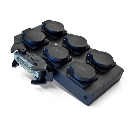 Ultralite Powerbox 6 (Alu), SCHWARZ IN 1x HB16 /  OUT 6x Schuko, inkl. M10 Hülse